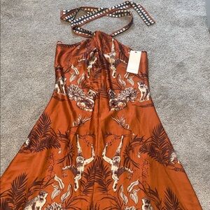 NWT Size Medium Ciebon Rust Orange Monkey Print Flowy Halter Maxi Dress